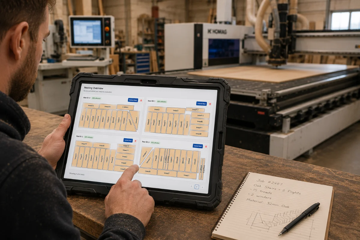 A joiner reviewing four nested sheets of treads and winders on a tablet beside a CNC router.