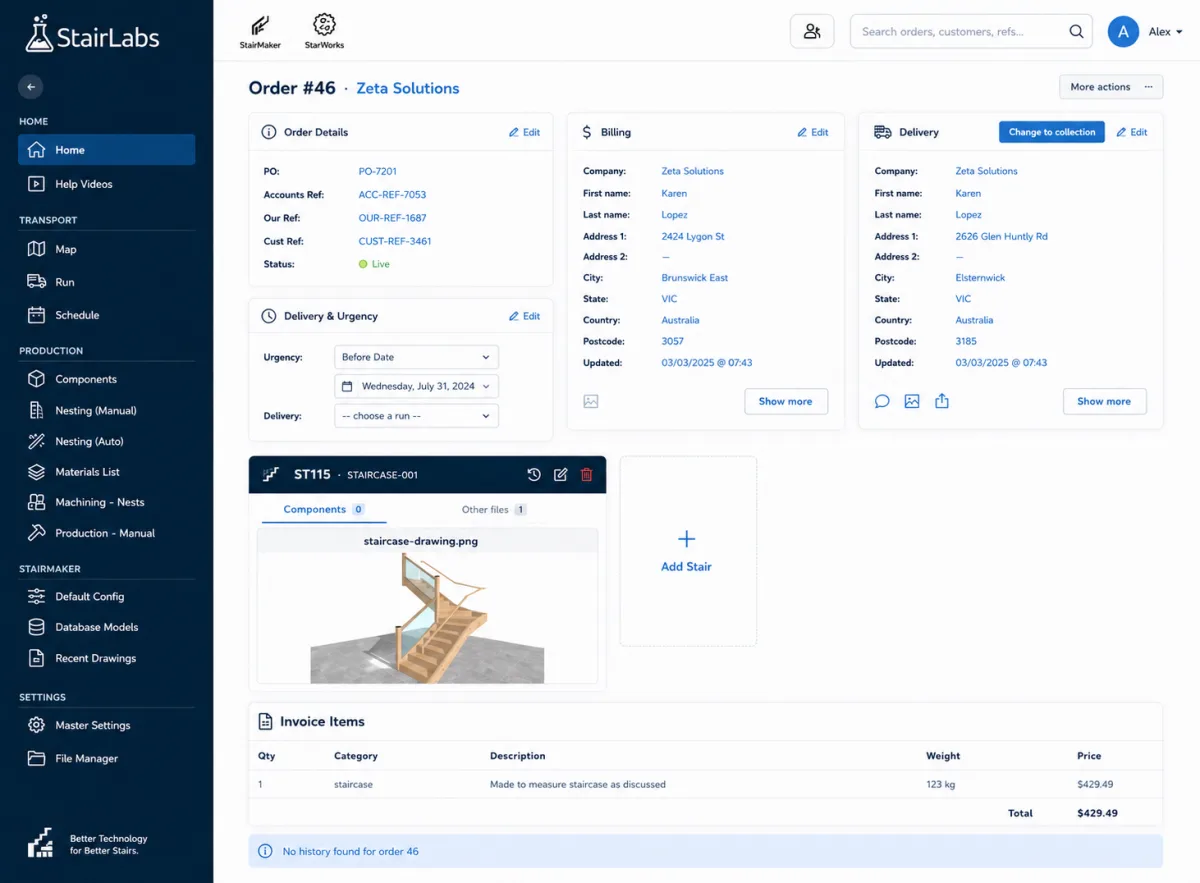 A StairWorks order screen: order details, delivery and urgency, billing and delivery addresses, the staircase drawing and invoice items.