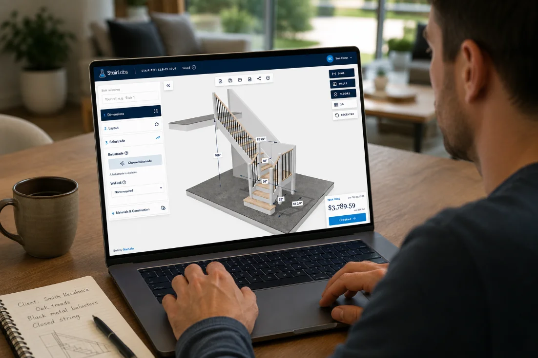 A customer configuring a staircase on a laptop: dimensions, layout and balustrade panels beside a 3D model and a live price.