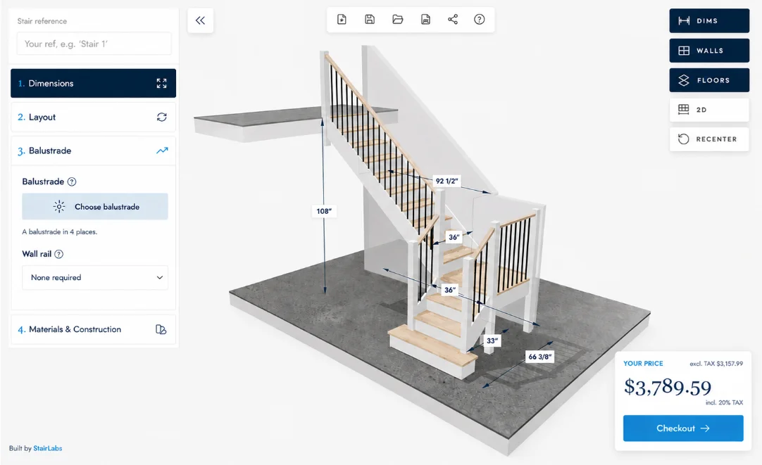 The StairLabs stair designer: a 3D staircase model with live dimensions and an instant price.